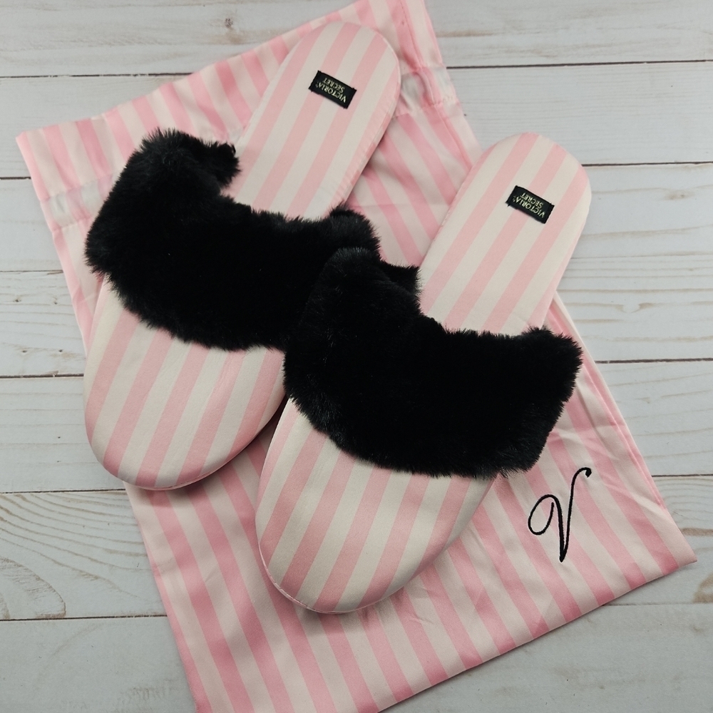 VS Victoria Secret Signature Satin Fur Slippers Pink White Stripes Black Large